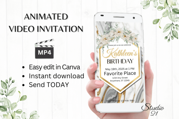 Smartphone Marble Birthday Invitation: Instant Digital Elegance