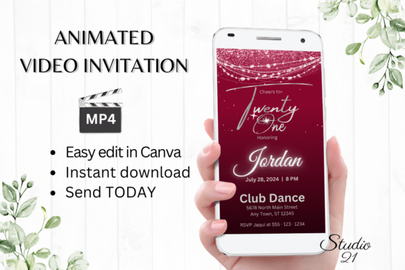 Stunning 21 Birthday Invitation: Digital Animated Video Templates